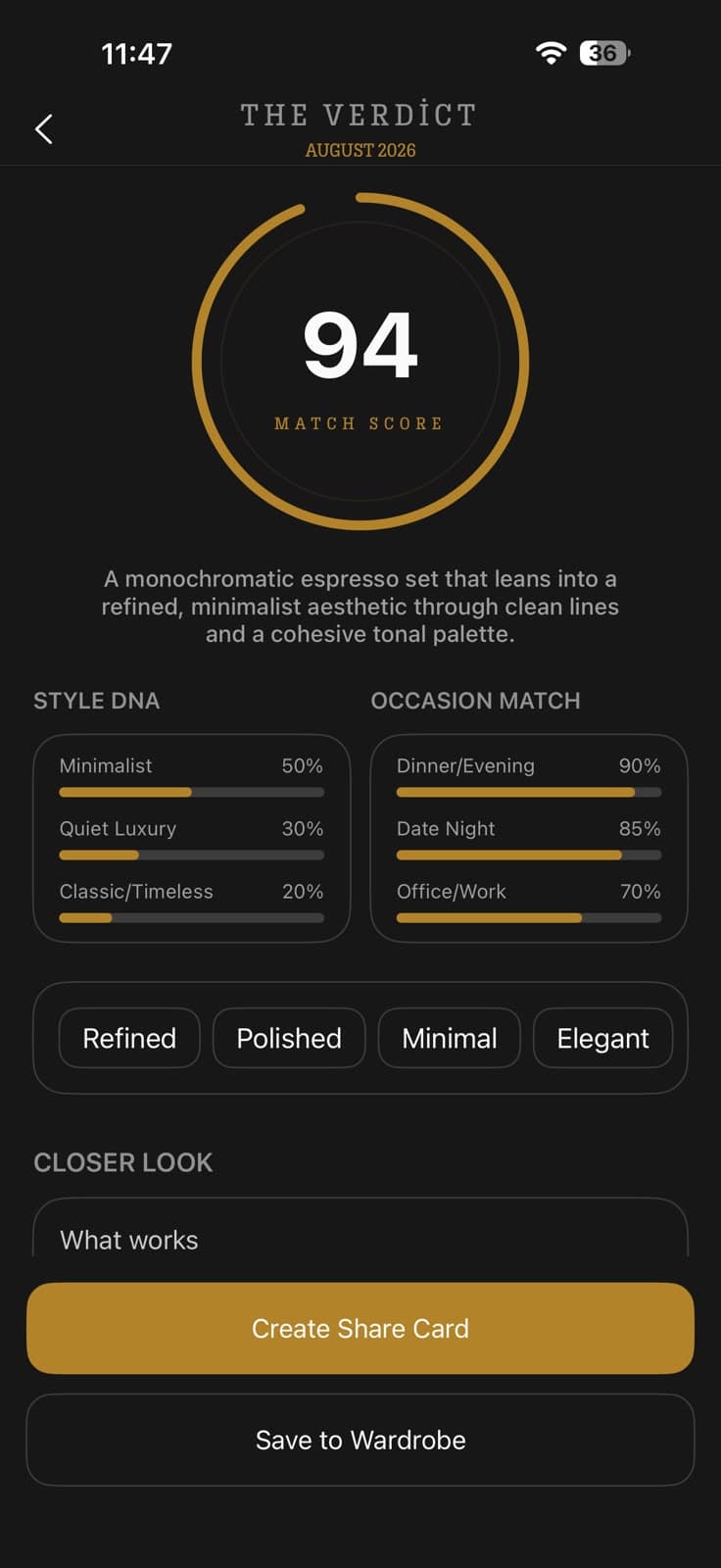 Vesto app: The Verdict screen showing a 94 match score, style DNA breakdown and personality tags