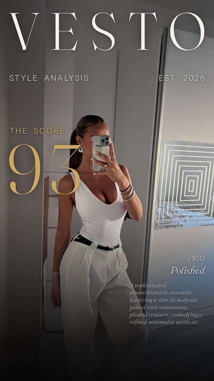 Vesto share card: magazine cover with a 93 style score and 'Polished' verdict