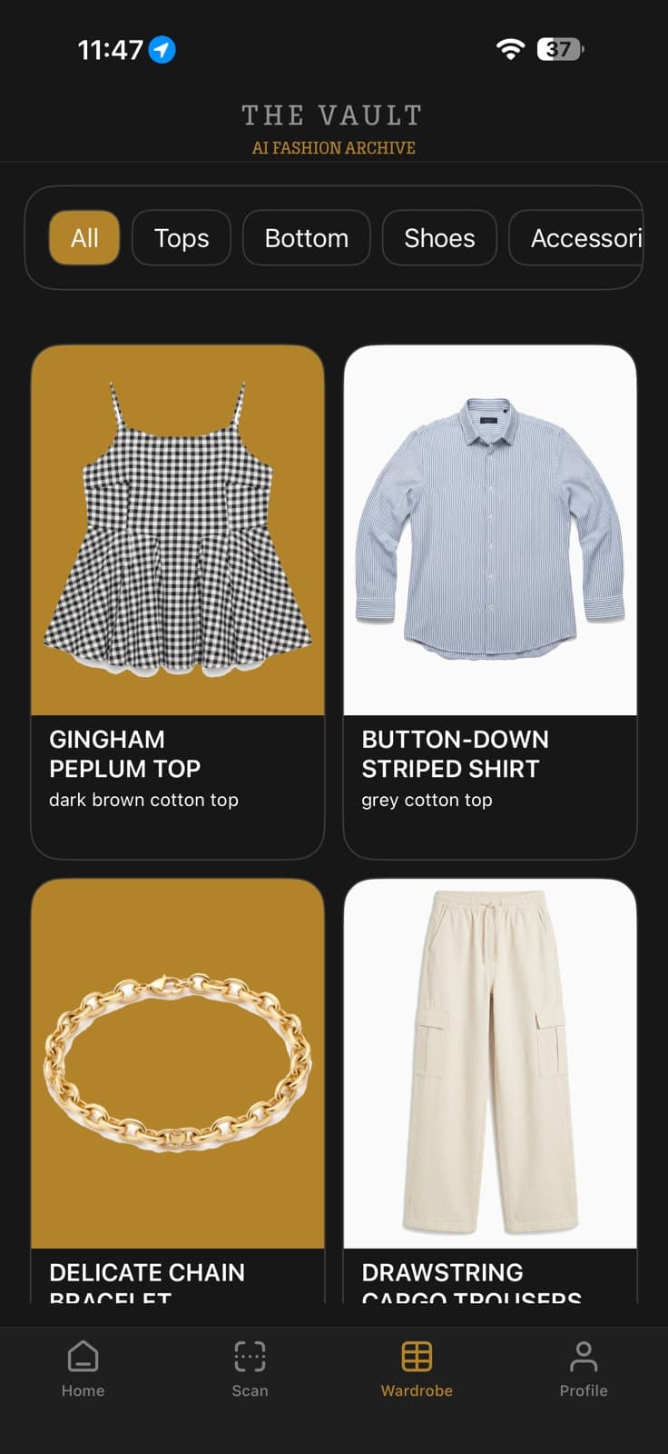 Vesto app: The Vault wardrobe archive with auto-catalogued garments cut out on champagne and white cards